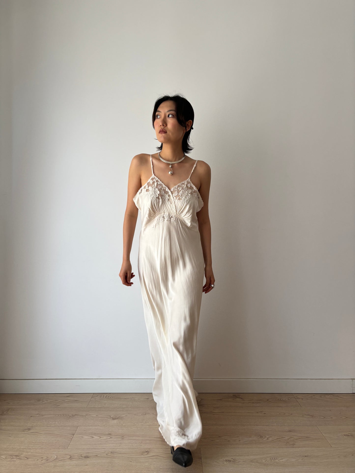 1940s Vintage Pure Silk Slip Dress, Antique Embroidered Lace Bridal Lingerie Nightdress
