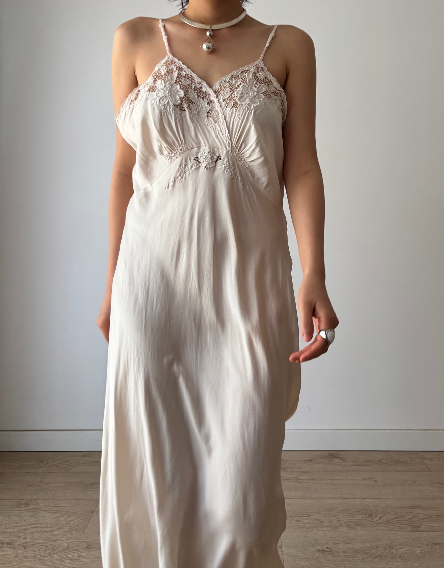 1940s Vintage Pure Silk Slip Dress, Antique Embroidered Lace Bridal Lingerie Nightdress