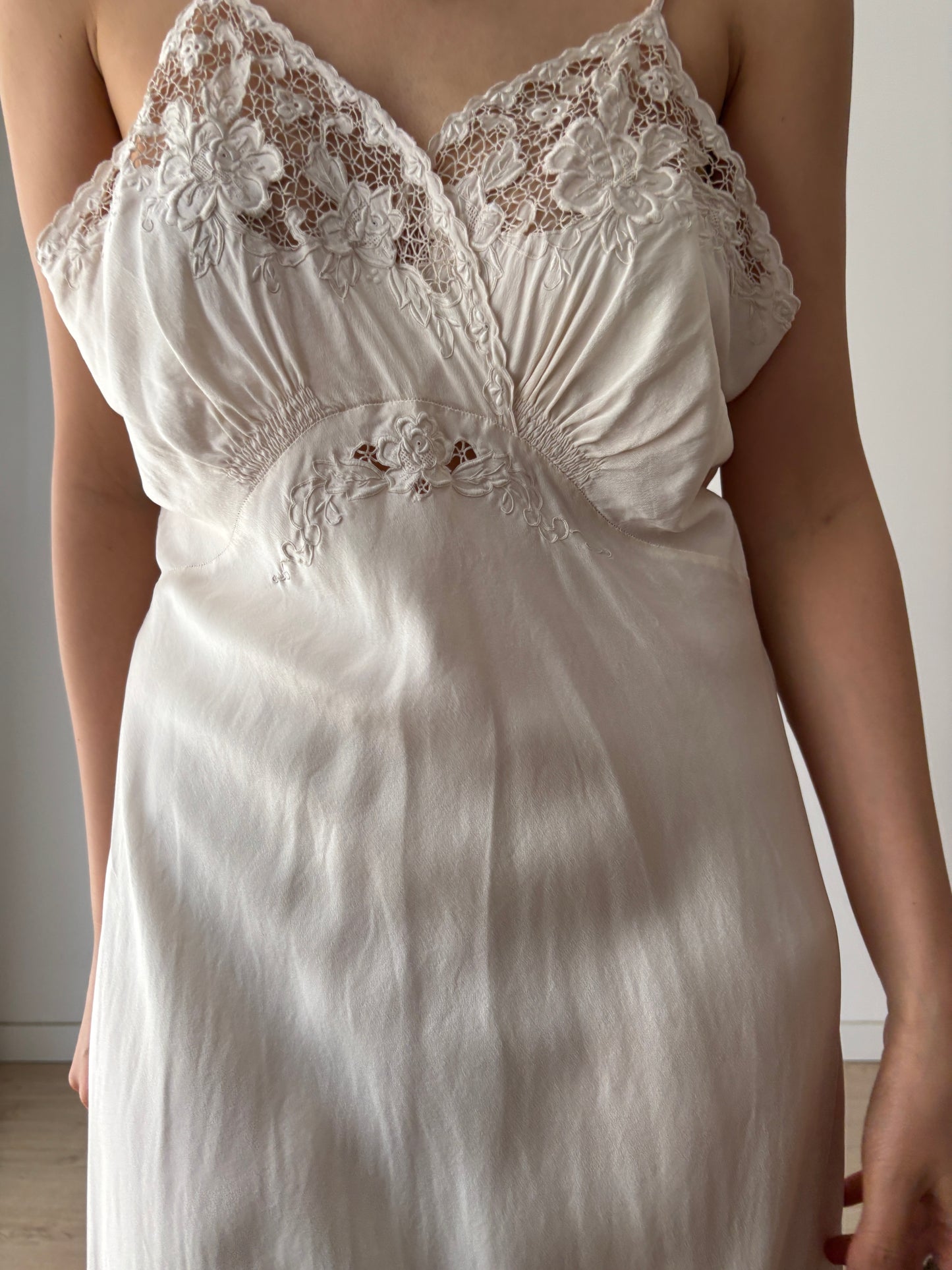 1940s Vintage Pure Silk Slip Dress, Antique Embroidered Lace Bridal Lingerie Nightdress