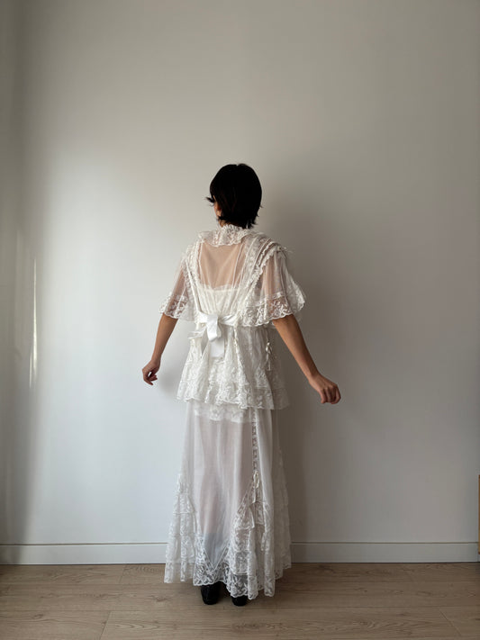 Lace Lingerie Set, Ruffled Ribbon Floral Embroidery, Two-Piece Bridal Dress & Jacket Romantic Ensemble