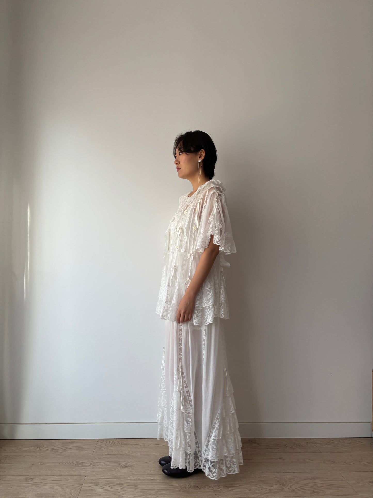 Lace Lingerie Set, Ruffled Ribbon Floral Embroidery, Two-Piece Bridal Dress & Jacket Romantic Ensemble