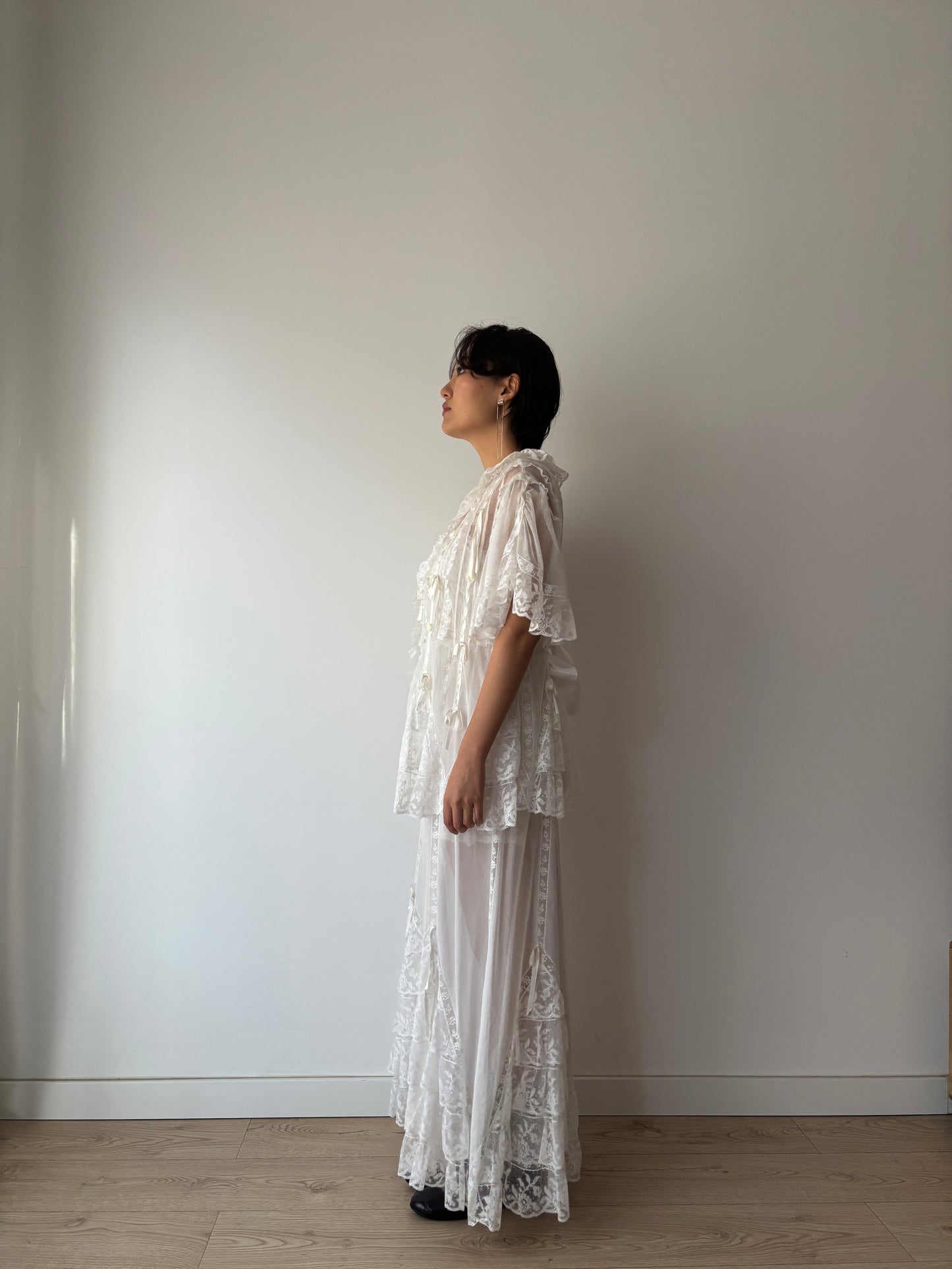 Lace Lingerie Set, Ruffled Ribbon Floral Embroidery, Two-Piece Bridal Dress & Jacket Romantic Ensemble