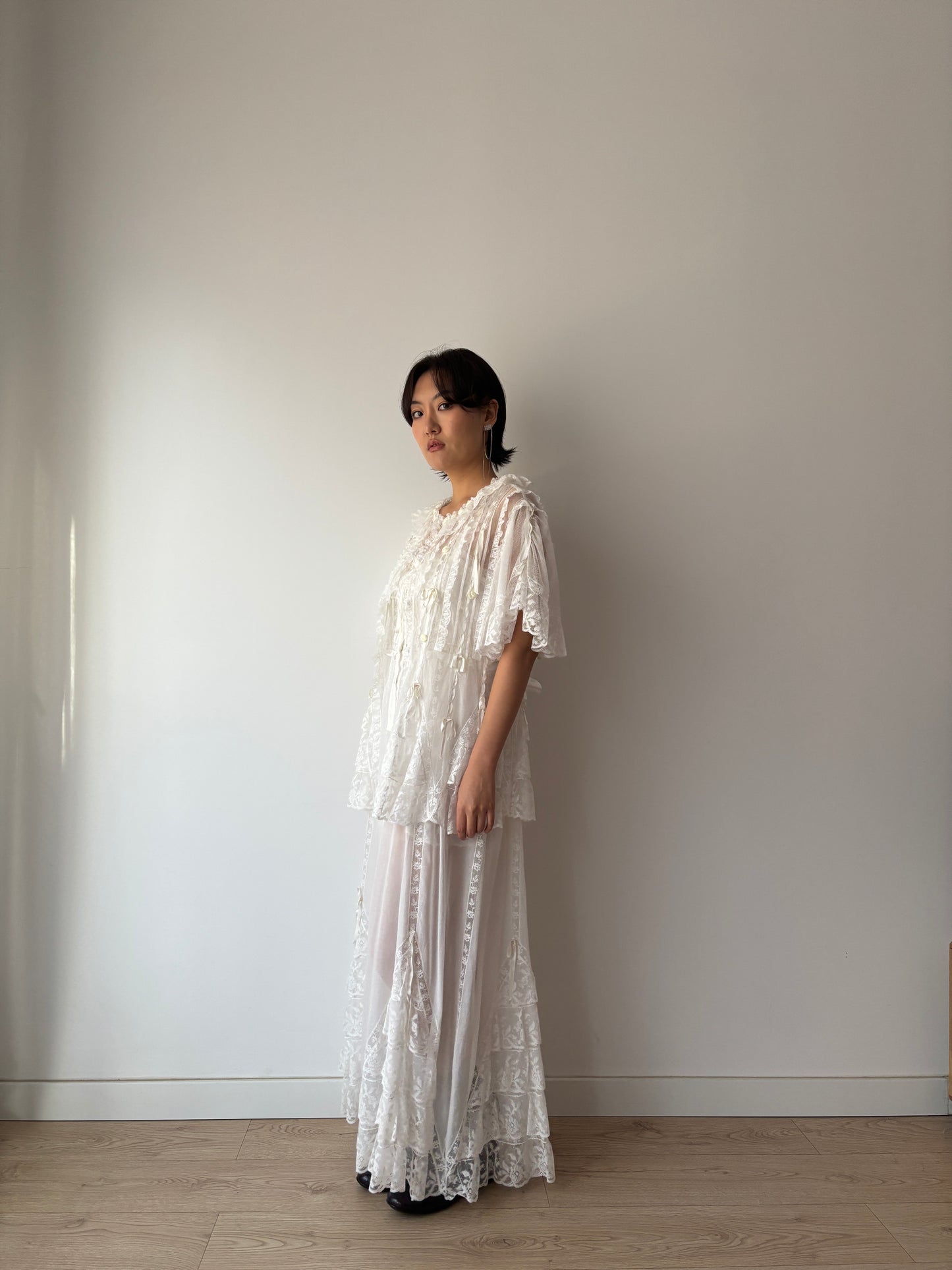 Lace Lingerie Set, Ruffled Ribbon Floral Embroidery, Two-Piece Bridal Dress & Jacket Romantic Ensemble