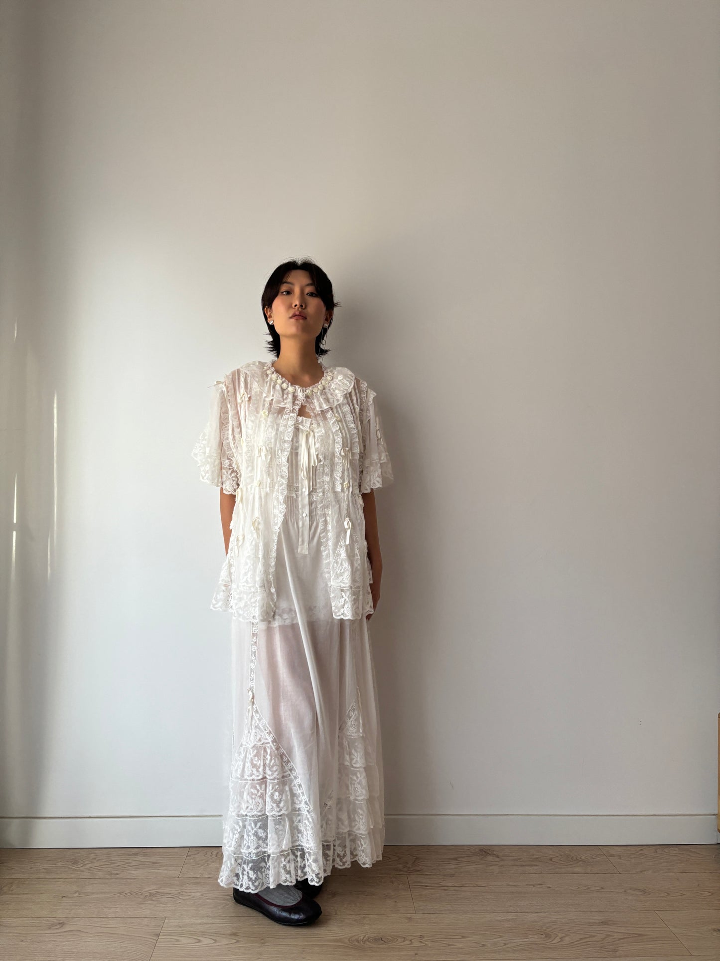 Lace Lingerie Set, Ruffled Ribbon Floral Embroidery, Two-Piece Bridal Dress & Jacket Romantic Ensemble