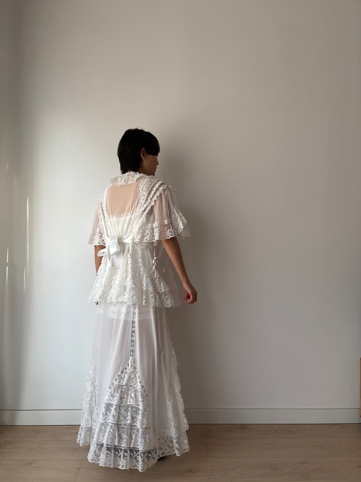 Lace Lingerie Set, Ruffled Ribbon Floral Embroidery, Two-Piece Bridal Dress & Jacket Romantic Ensemble