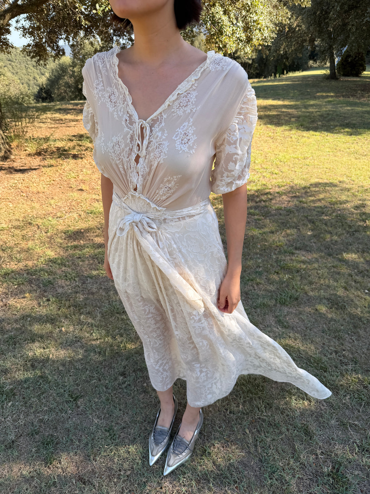 Rare 1930s 1940s bridal silk sheer lace dress