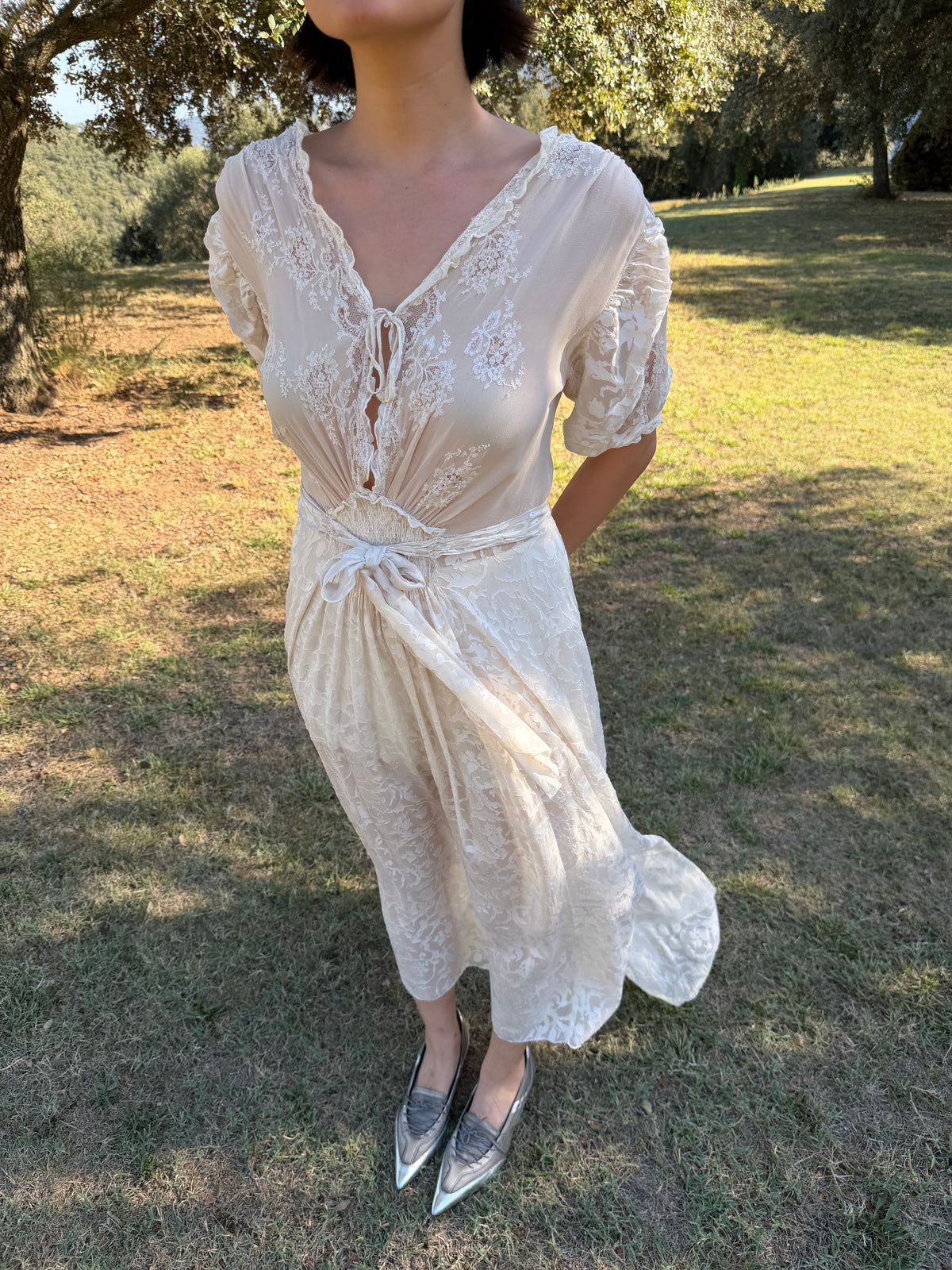 Rare 1930s 1940s bridal silk sheer lace dress