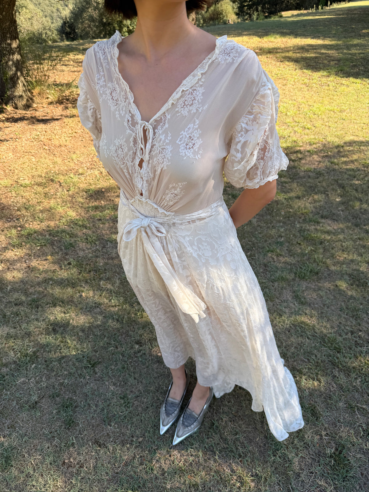 Rare 1930s 1940s bridal silk sheer lace dress