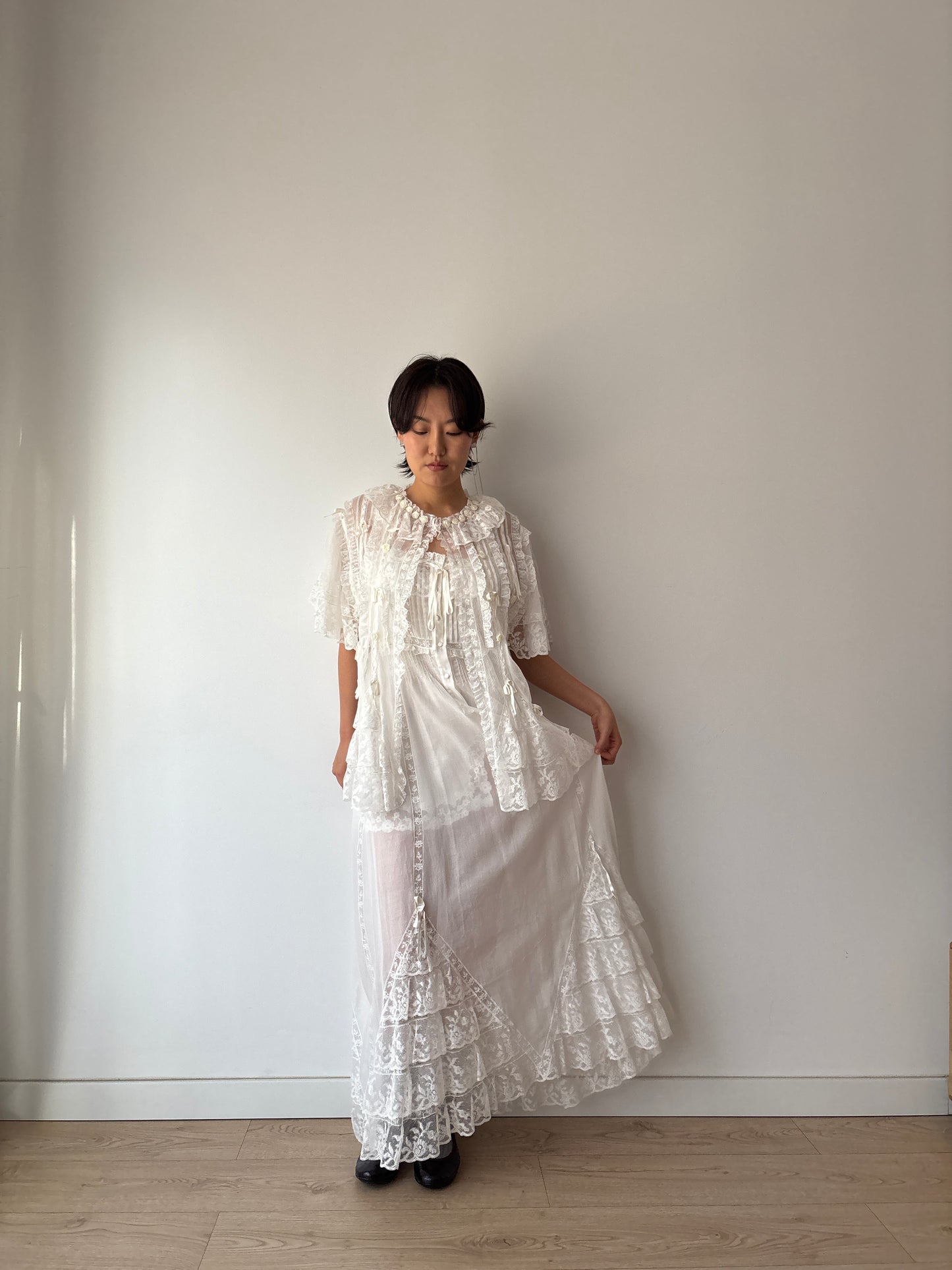 Lace Lingerie Set, Ruffled Ribbon Floral Embroidery, Two-Piece Bridal Dress & Jacket Romantic Ensemble