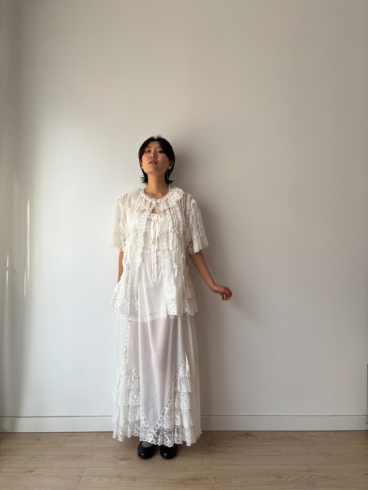 Lace Lingerie Set, Ruffled Ribbon Floral Embroidery, Two-Piece Bridal Dress & Jacket Romantic Ensemble