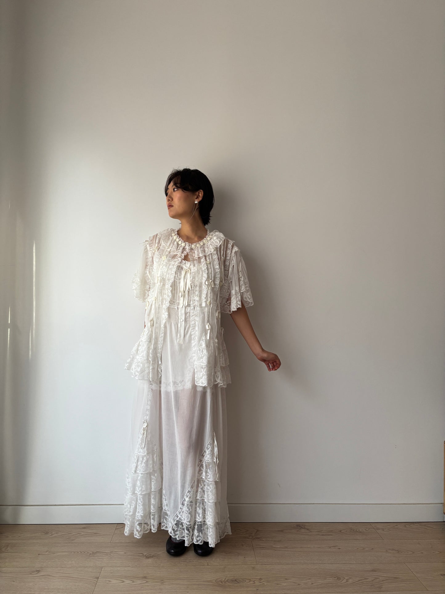 Lace Lingerie Set, Ruffled Ribbon Floral Embroidery, Two-Piece Bridal Dress & Jacket Romantic Ensemble