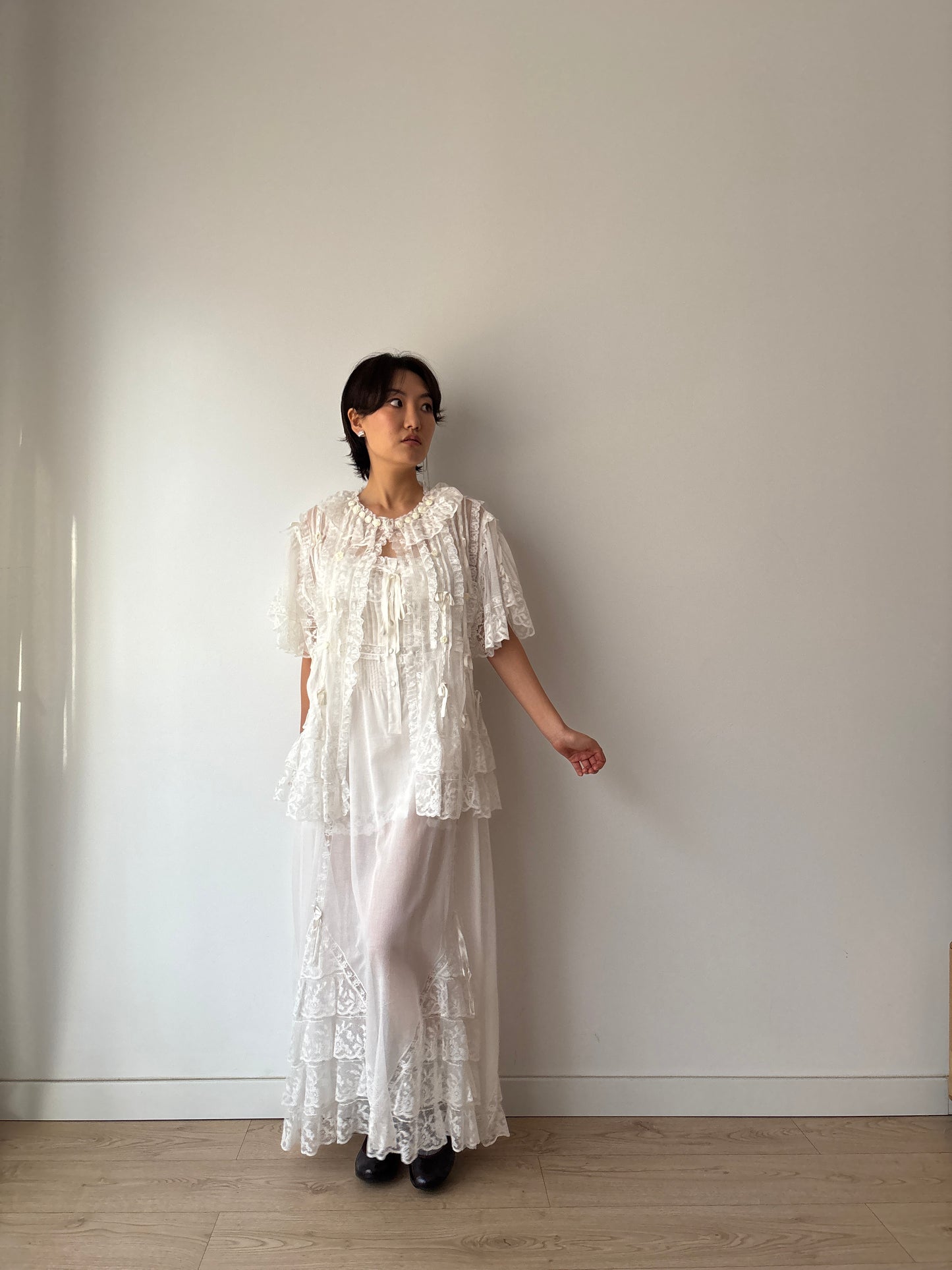 Lace Lingerie Set, Ruffled Ribbon Floral Embroidery, Two-Piece Bridal Dress & Jacket Romantic Ensemble