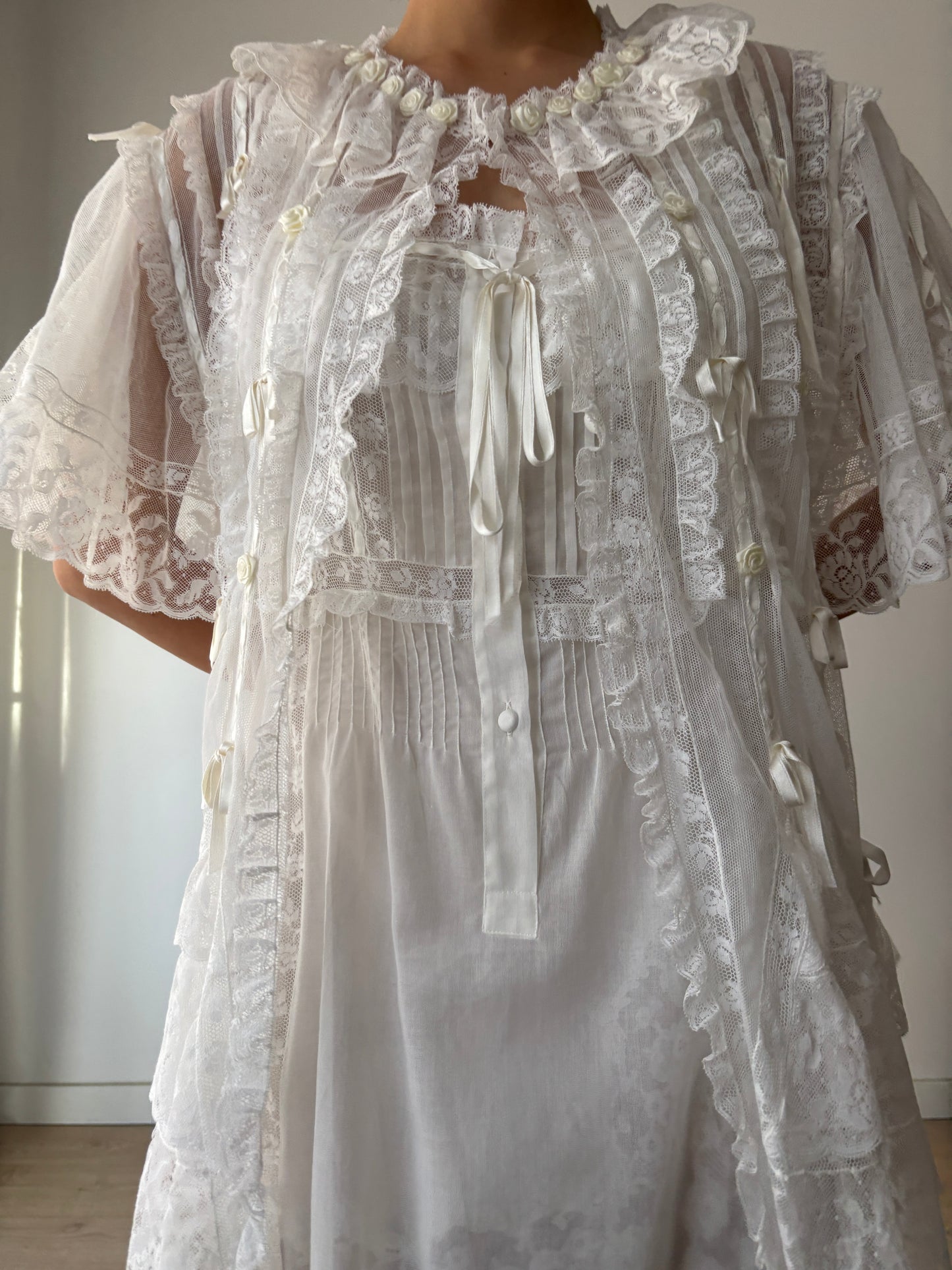 Lace Lingerie Set, Ruffled Ribbon Floral Embroidery, Two-Piece Bridal Dress & Jacket Romantic Ensemble