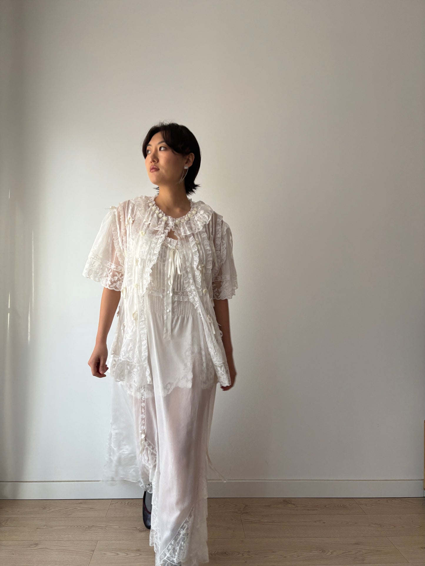 Lace Lingerie Set, Ruffled Ribbon Floral Embroidery, Two-Piece Bridal Dress & Jacket Romantic Ensemble