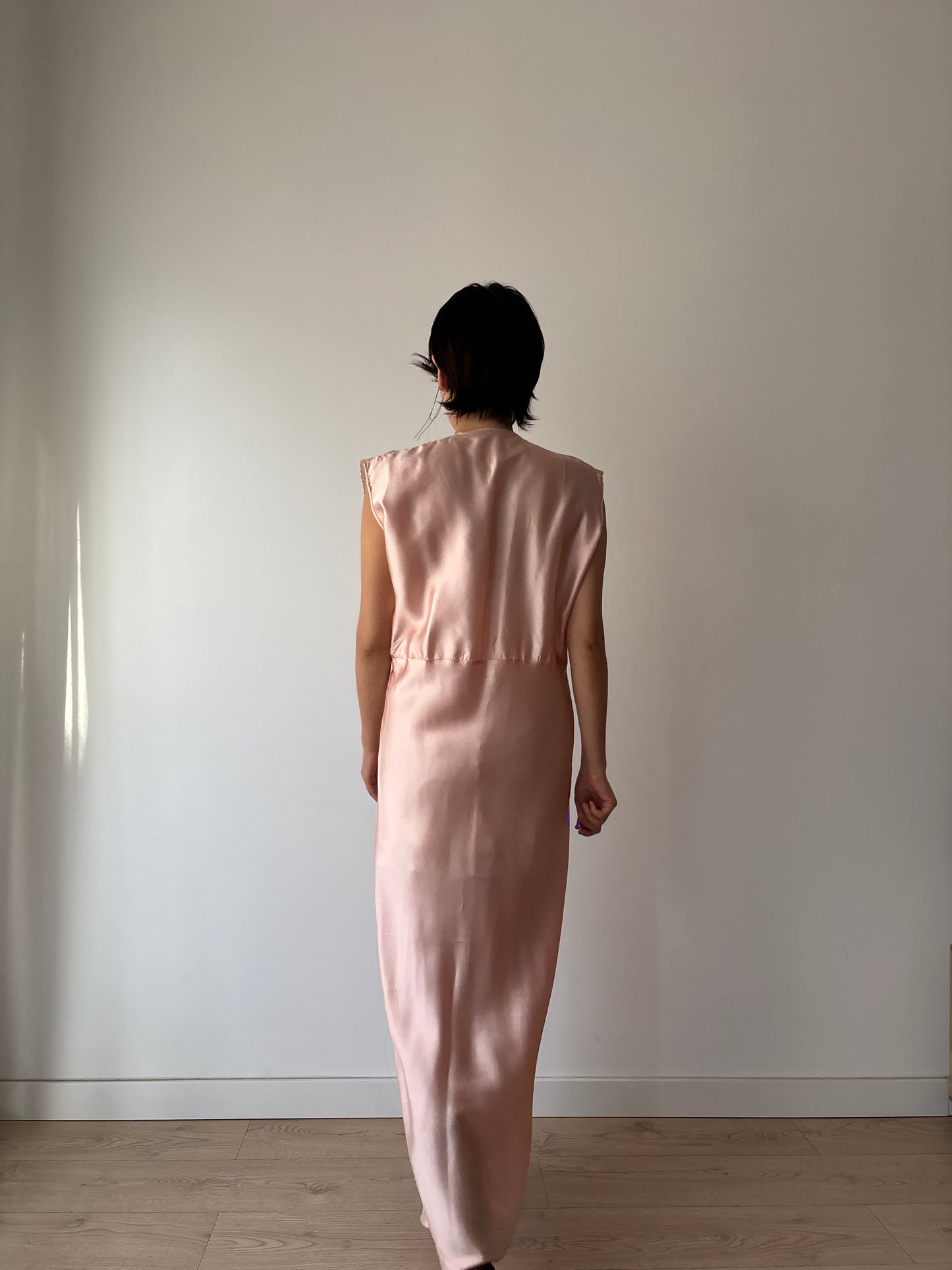 1940s Antique Bias Cut Lace Pastel Pink Satin Embroidered Nightgown