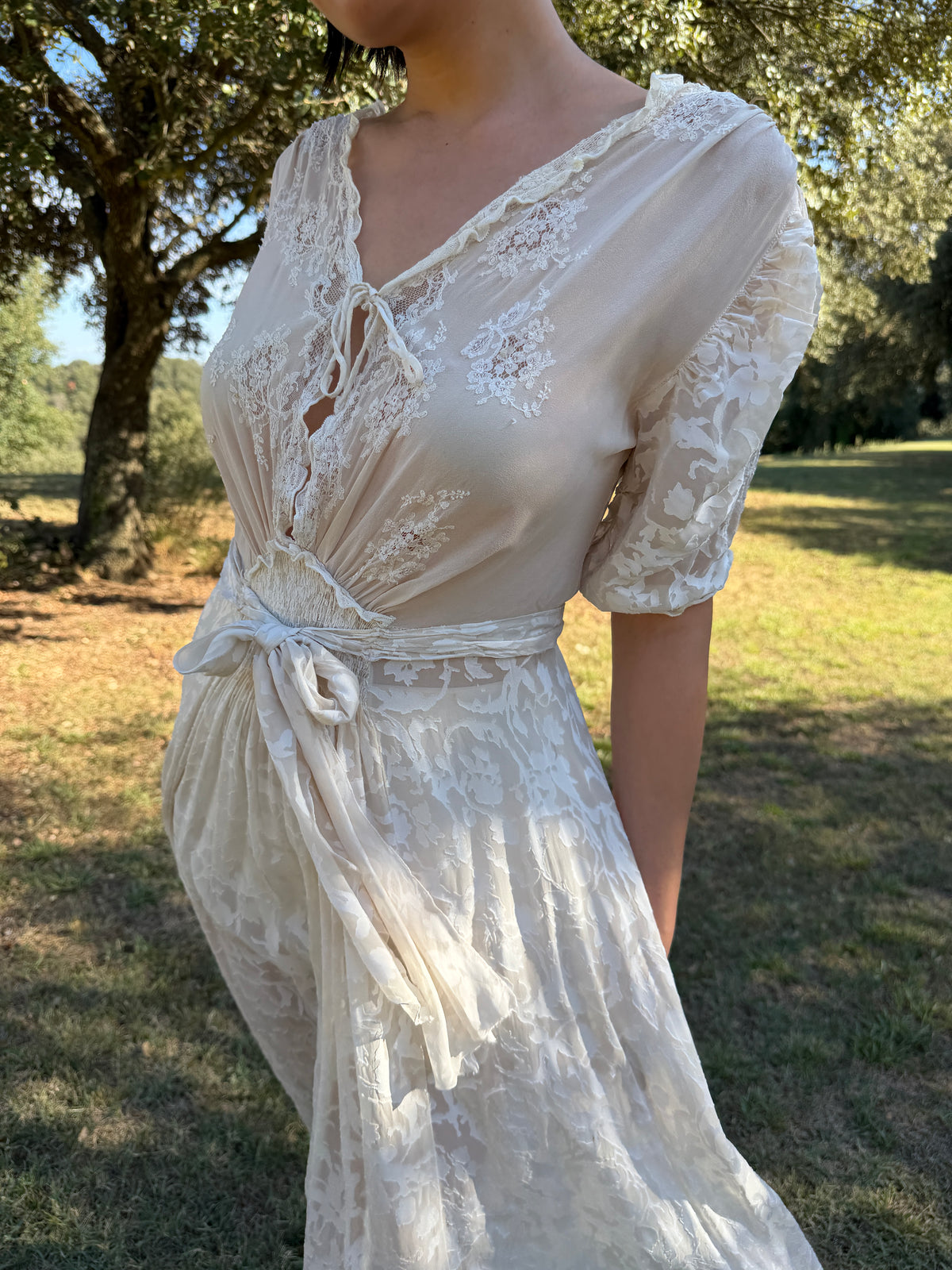 Rare 1930s 1940s bridal silk sheer lace dress