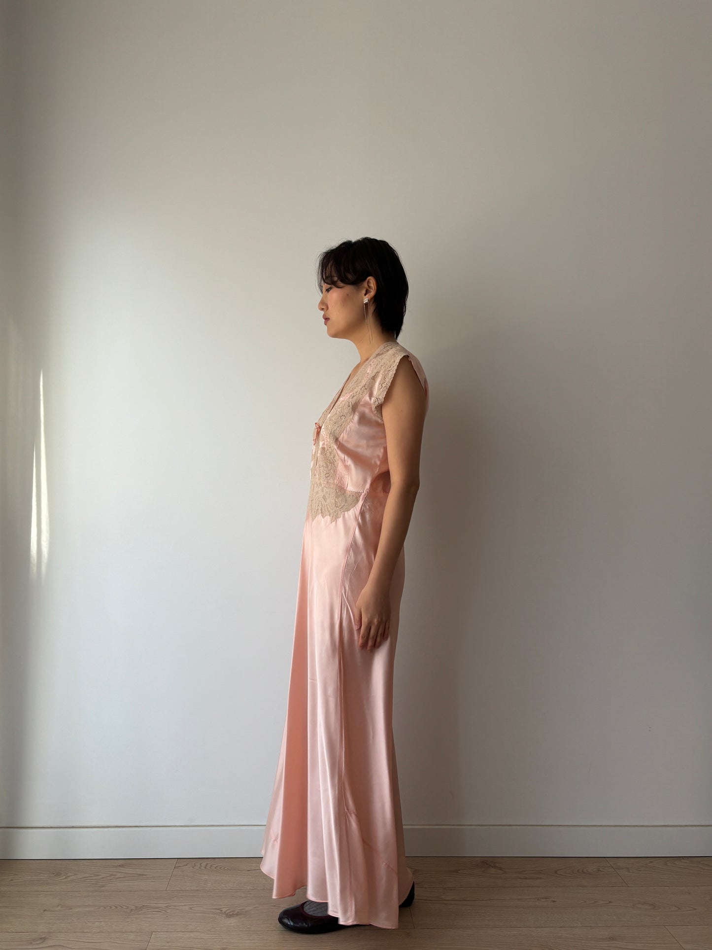 1940s Antique Bias Cut Lace Pastel Pink Satin Embroidered Nightgown