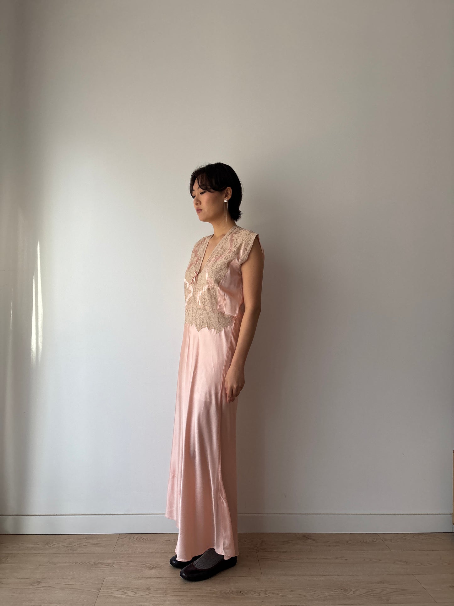 1940s Antique Bias Cut Lace Pastel Pink Satin Embroidered Nightgown