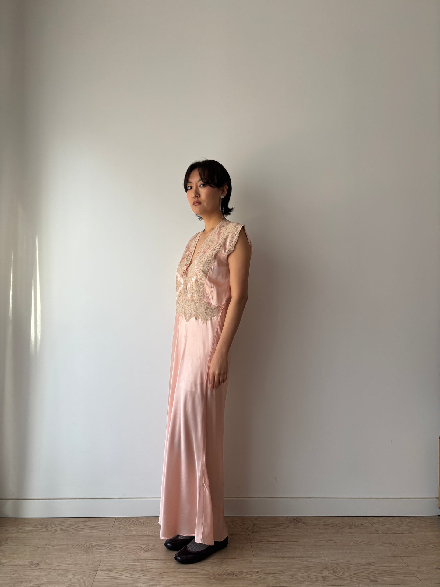 1940s Antique Bias Cut Lace Pastel Pink Satin Embroidered Nightgown