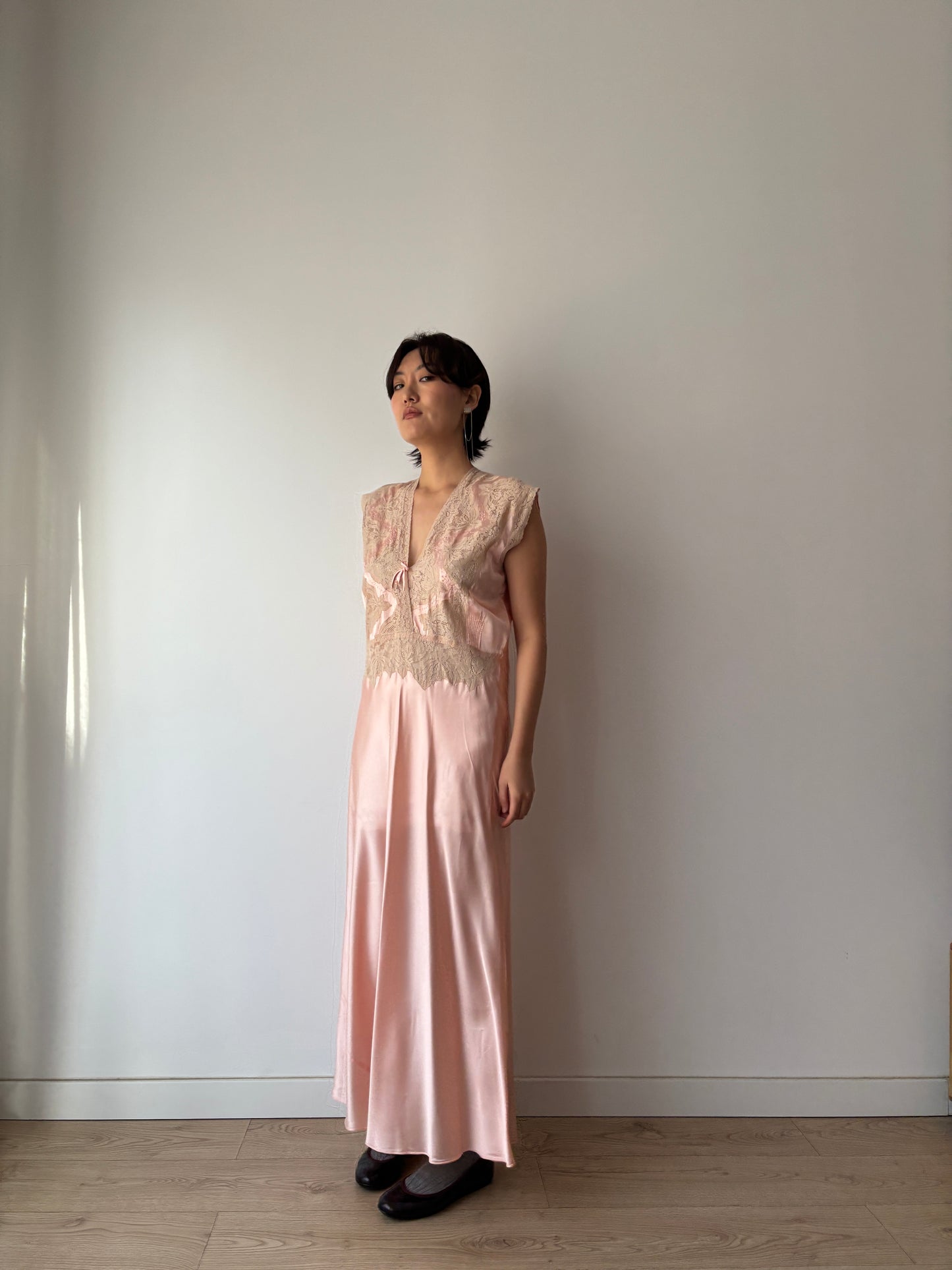 1940s Antique Bias Cut Lace Pastel Pink Satin Embroidered Nightgown