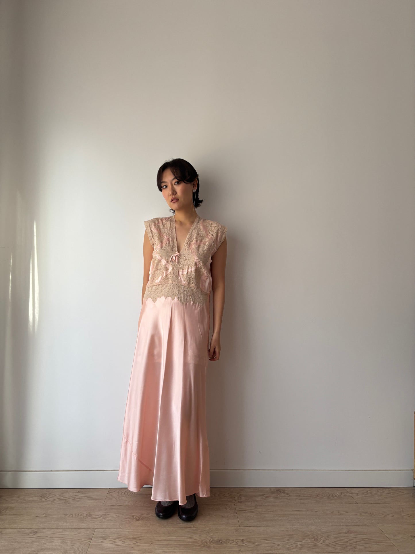 1940s Antique Bias Cut Lace Pastel Pink Satin Embroidered Nightgown