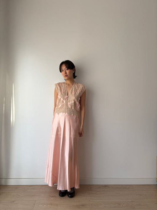 1940s Antique Bias Cut Lace Pastel Pink Satin Embroidered Nightgown