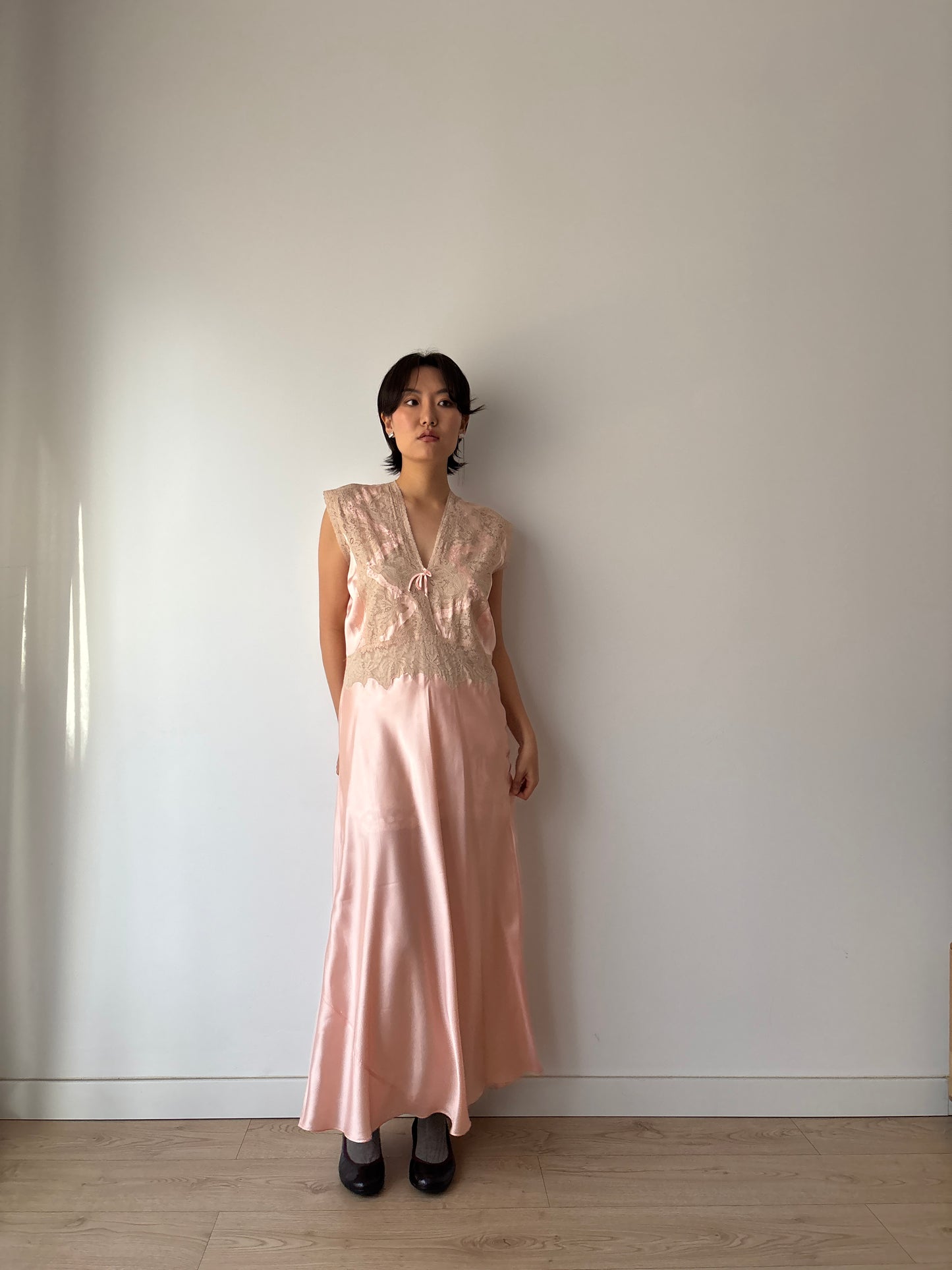 1940s Antique Bias Cut Lace Pastel Pink Satin Embroidered Nightgown