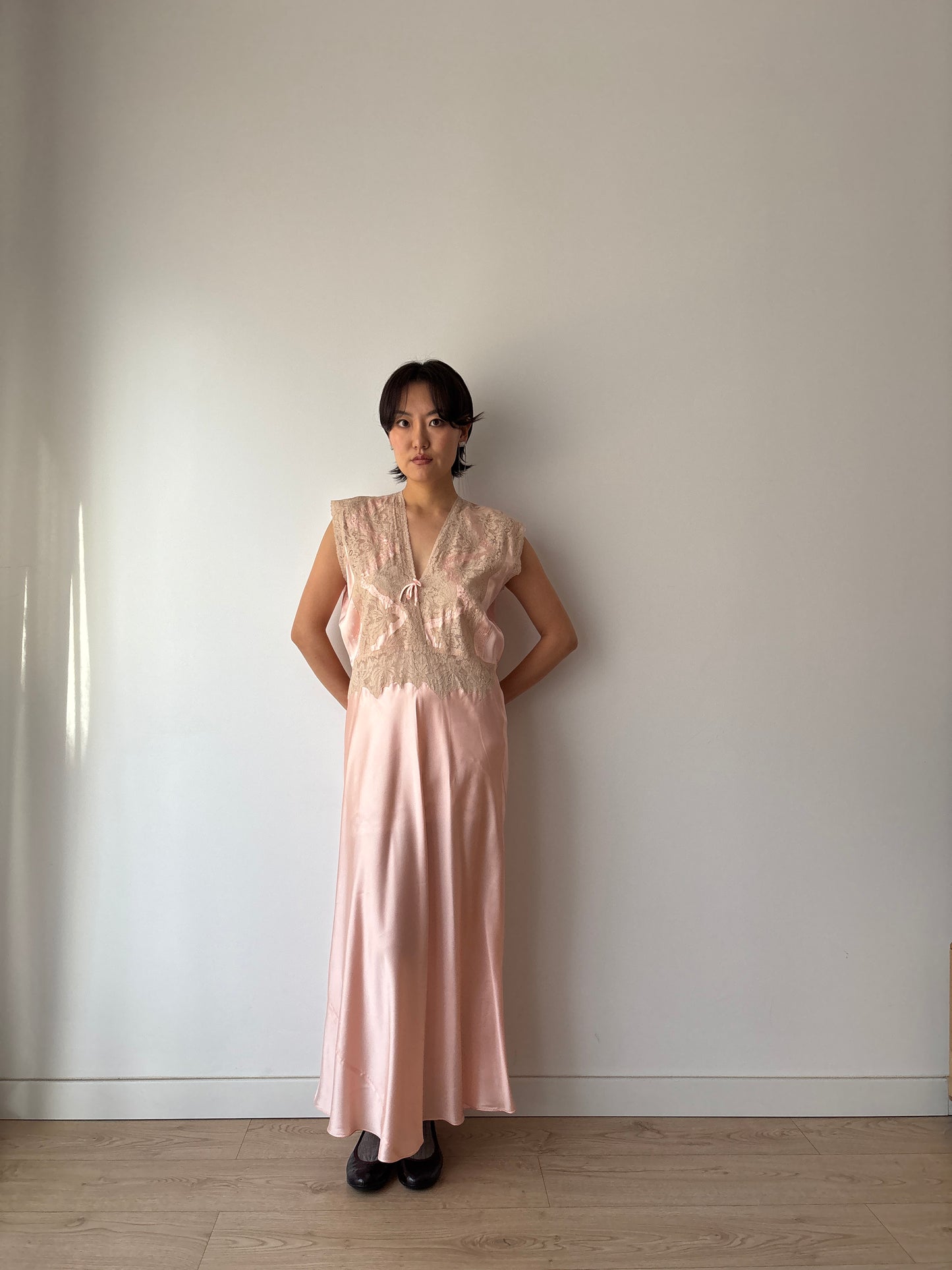 1940s Antique Bias Cut Lace Pastel Pink Satin Embroidered Nightgown