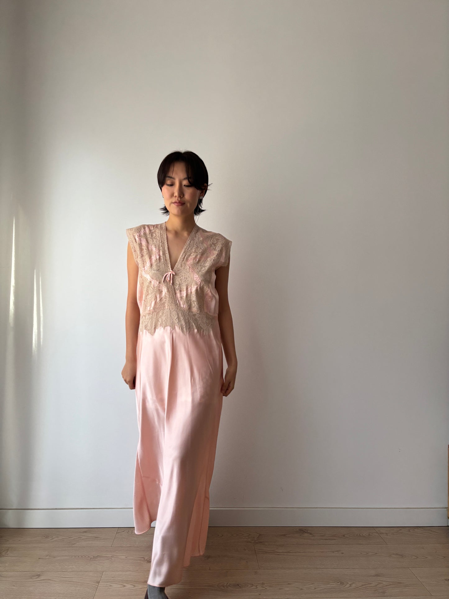 1940s Antique Bias Cut Lace Pastel Pink Satin Embroidered Nightgown