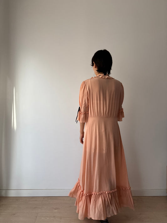 1930s 1940s Antique Pale Pink Pure Silk Bow Lace Ribbon Nightgown Lingerie Dress