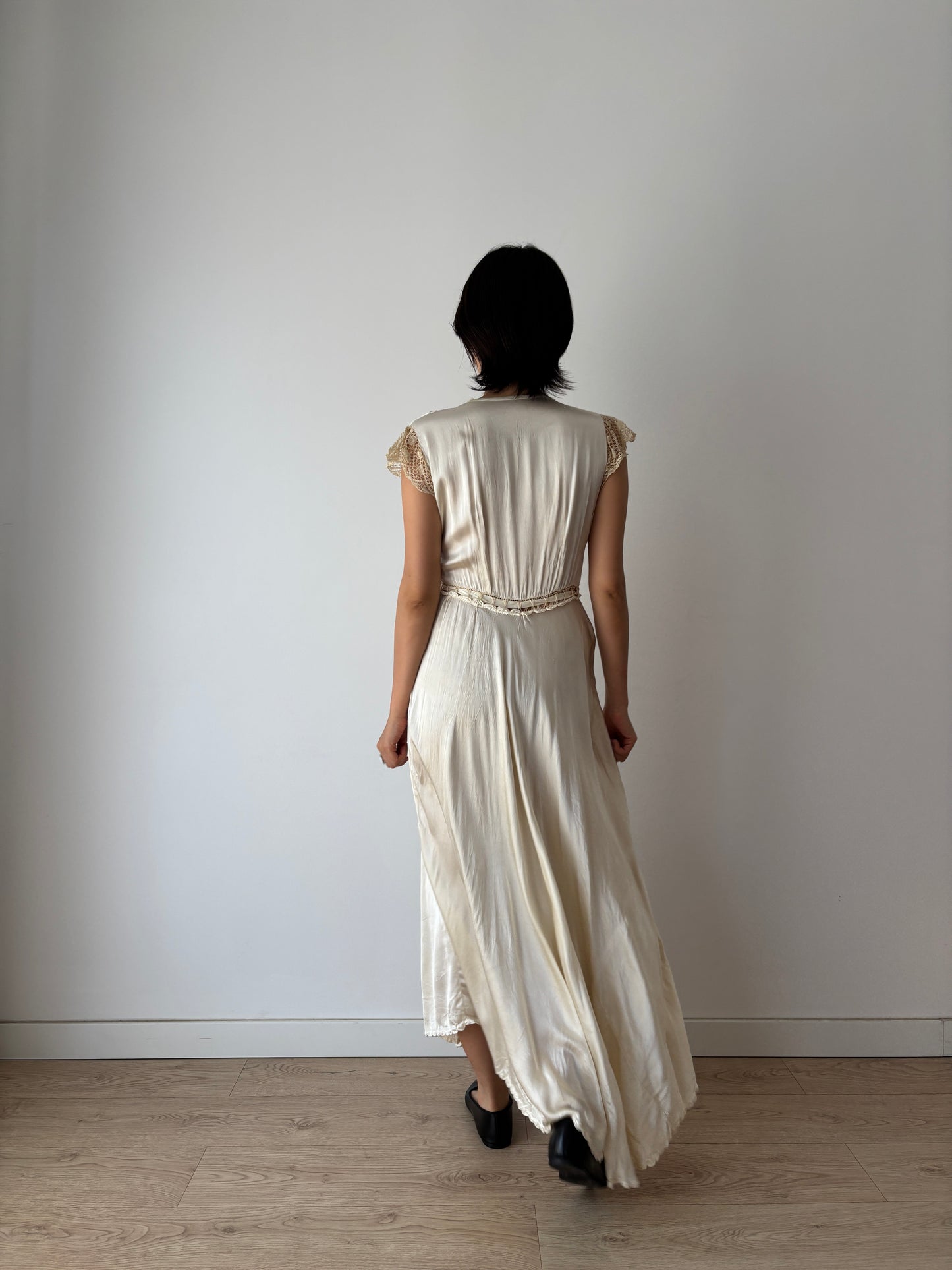 1930s Vintage Silk Satin Lace Wedding Dress, Antique Bias Cut Bridal Slip Gown