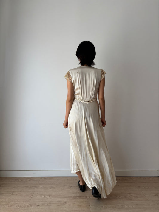 1930s Vintage Silk Satin Lace Wedding Dress, Antique Bias Cut Bridal Slip Gown
