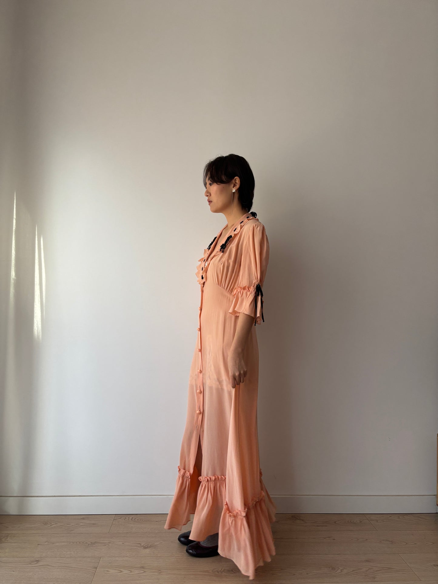 1930s 1940s Antique Pale Pink Pure Silk Bow Lace Ribbon Nightgown Lingerie Dress