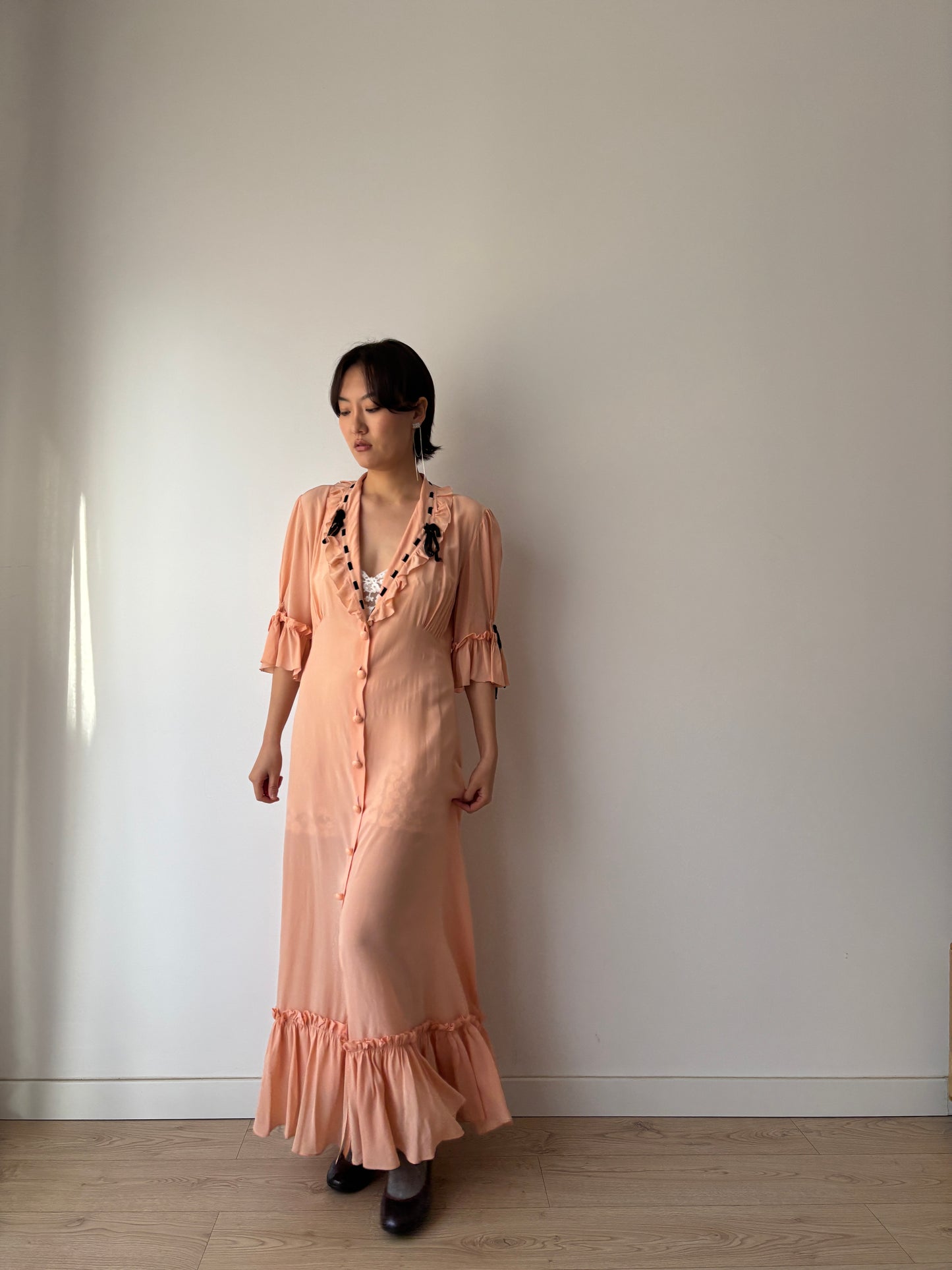 1930s 1940s Antique Pale Pink Pure Silk Bow Lace Ribbon Nightgown Lingerie Dress