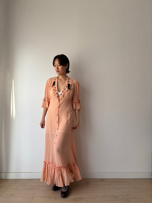 1930s 1940s Antique Pale Pink Pure Silk Bow Lace Ribbon Nightgown Lingerie Dress