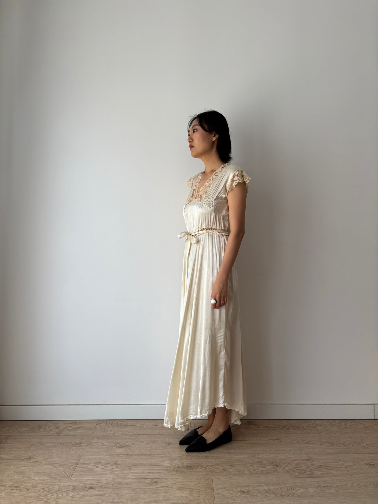 1930s Vintage Silk Satin Lace Wedding Dress, Antique Bias Cut Bridal Slip Gown
