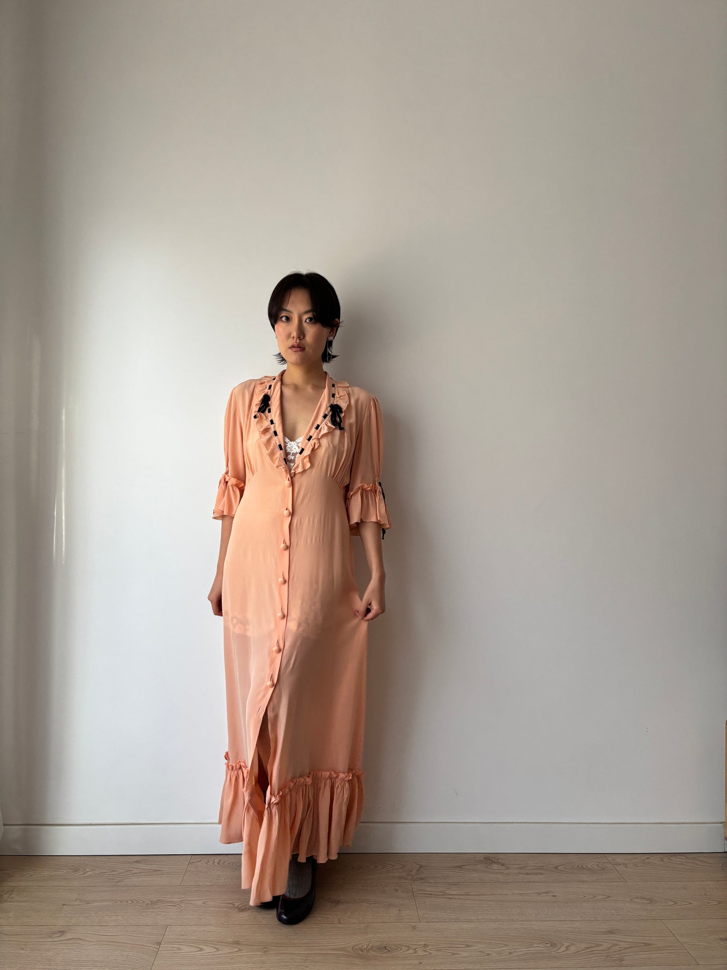 1930s 1940s Antique Pale Pink Pure Silk Bow Lace Ribbon Nightgown Lingerie Dress