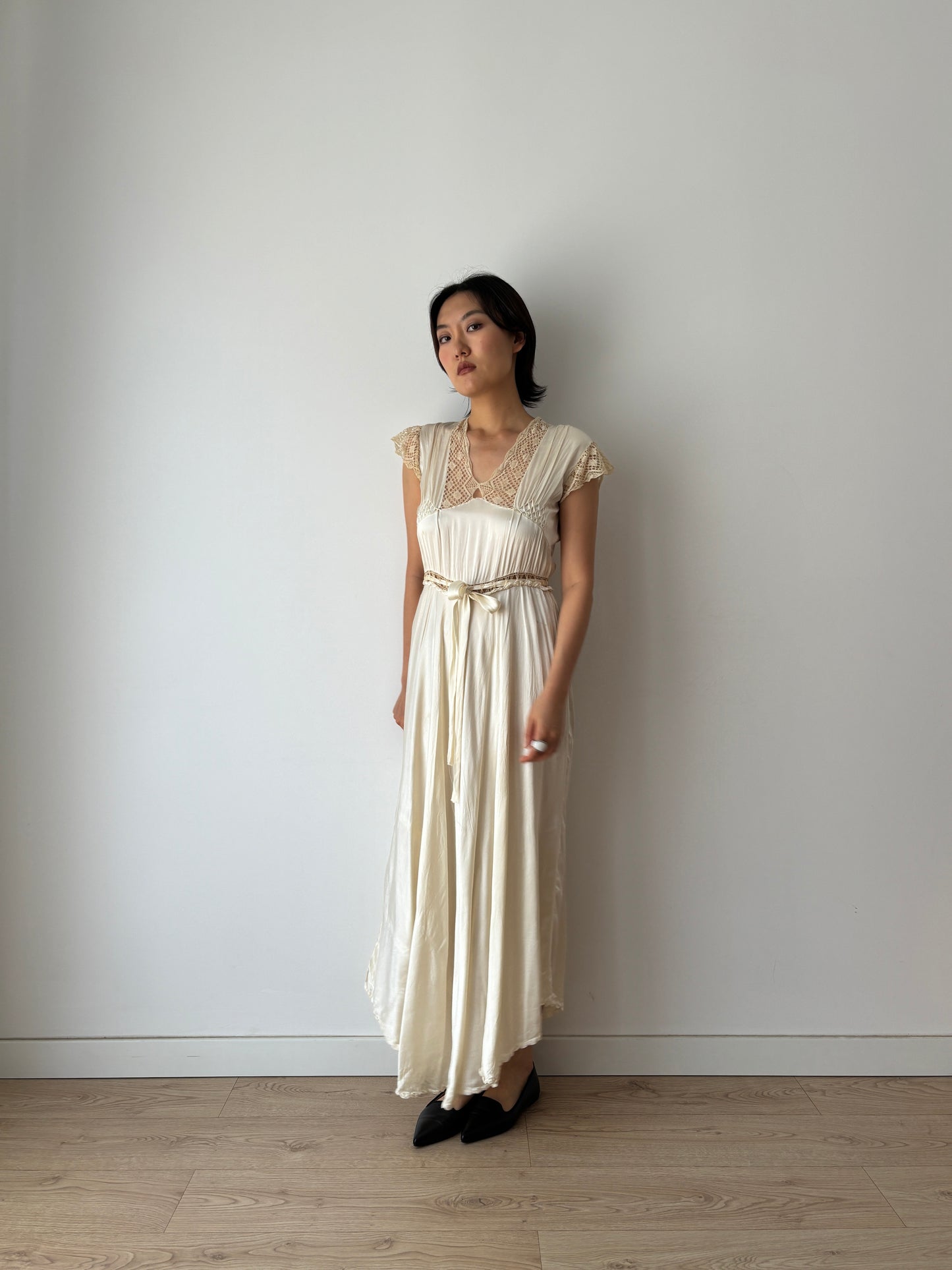 1930s Vintage Silk Satin Lace Wedding Dress, Antique Bias Cut Bridal Slip Gown