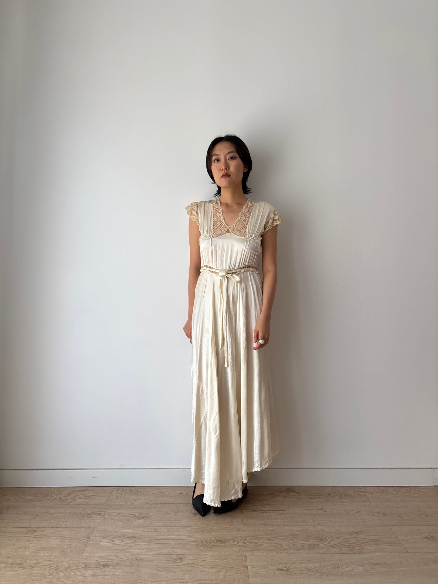 1930s Vintage Silk Satin Lace Wedding Dress, Antique Bias Cut Bridal Slip Gown