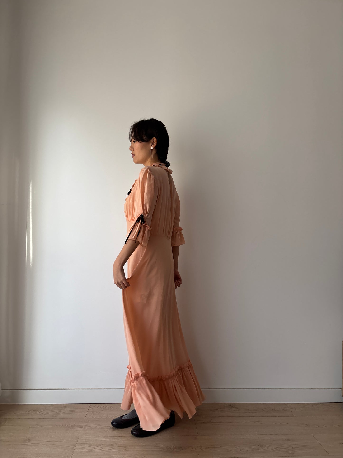 1930s 1940s Antique Pale Pink Pure Silk Bow Lace Ribbon Nightgown Lingerie Dress