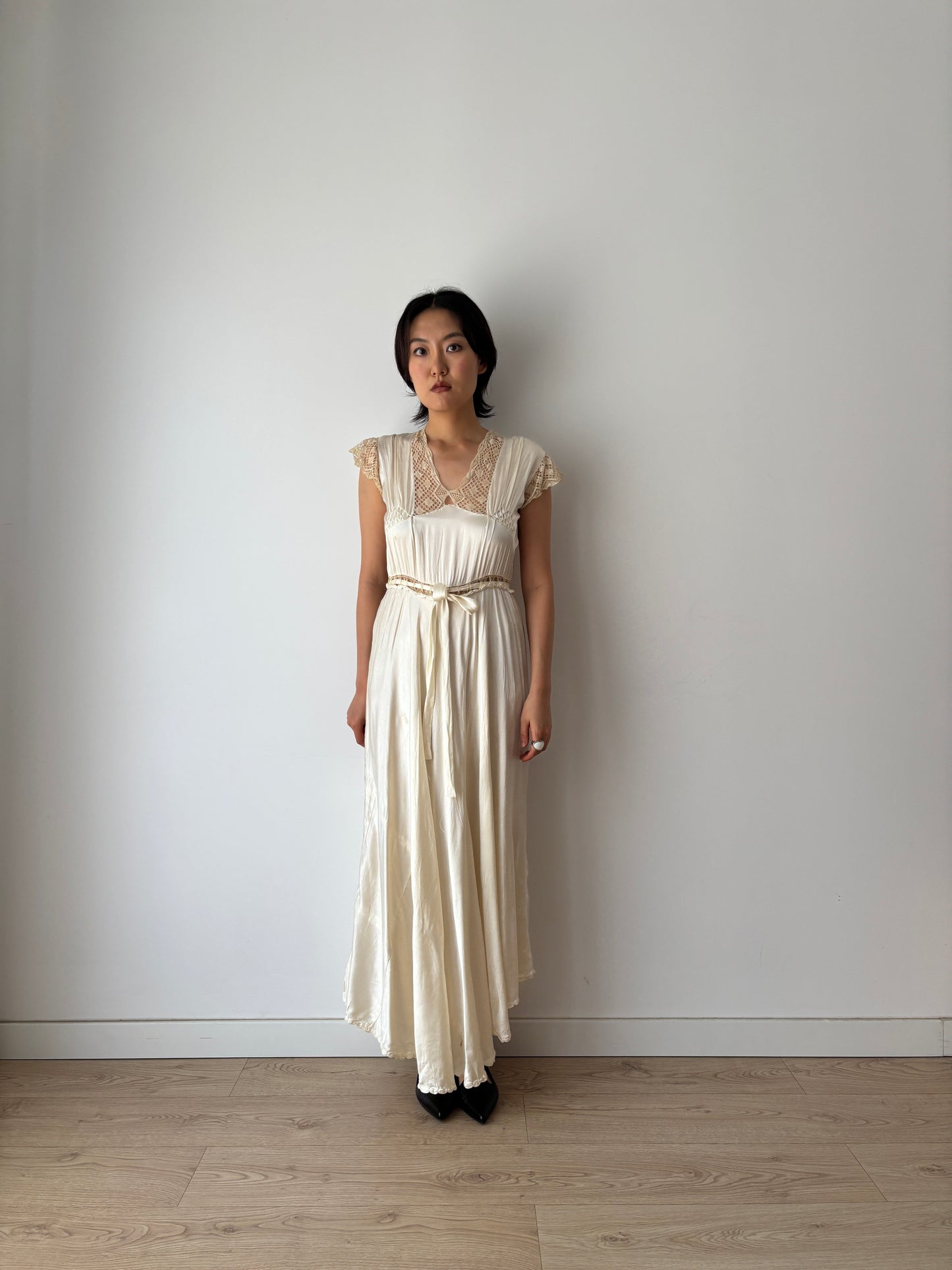 1930s Vintage Silk Satin Lace Wedding Dress, Antique Bias Cut Bridal Slip Gown