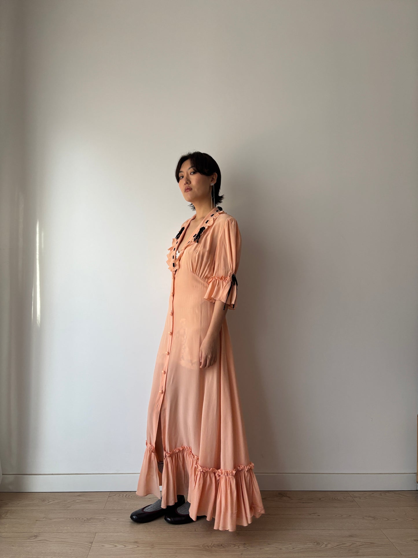 1930s 1940s Antique Pale Pink Pure Silk Bow Lace Ribbon Nightgown Lingerie Dress