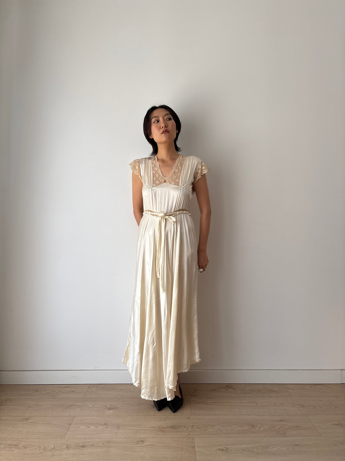 1930s Vintage Silk Satin Lace Wedding Dress, Antique Bias Cut Bridal Slip Gown