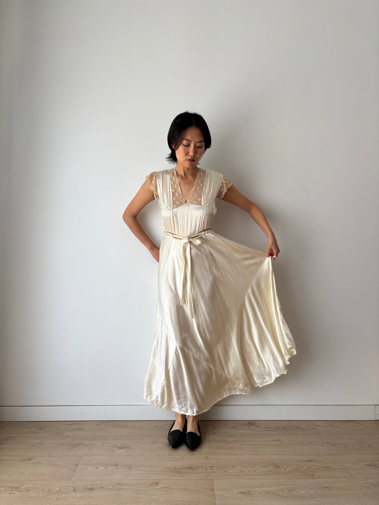 1930s Vintage Silk Satin Lace Wedding Dress, Antique Bias Cut Bridal Slip Gown
