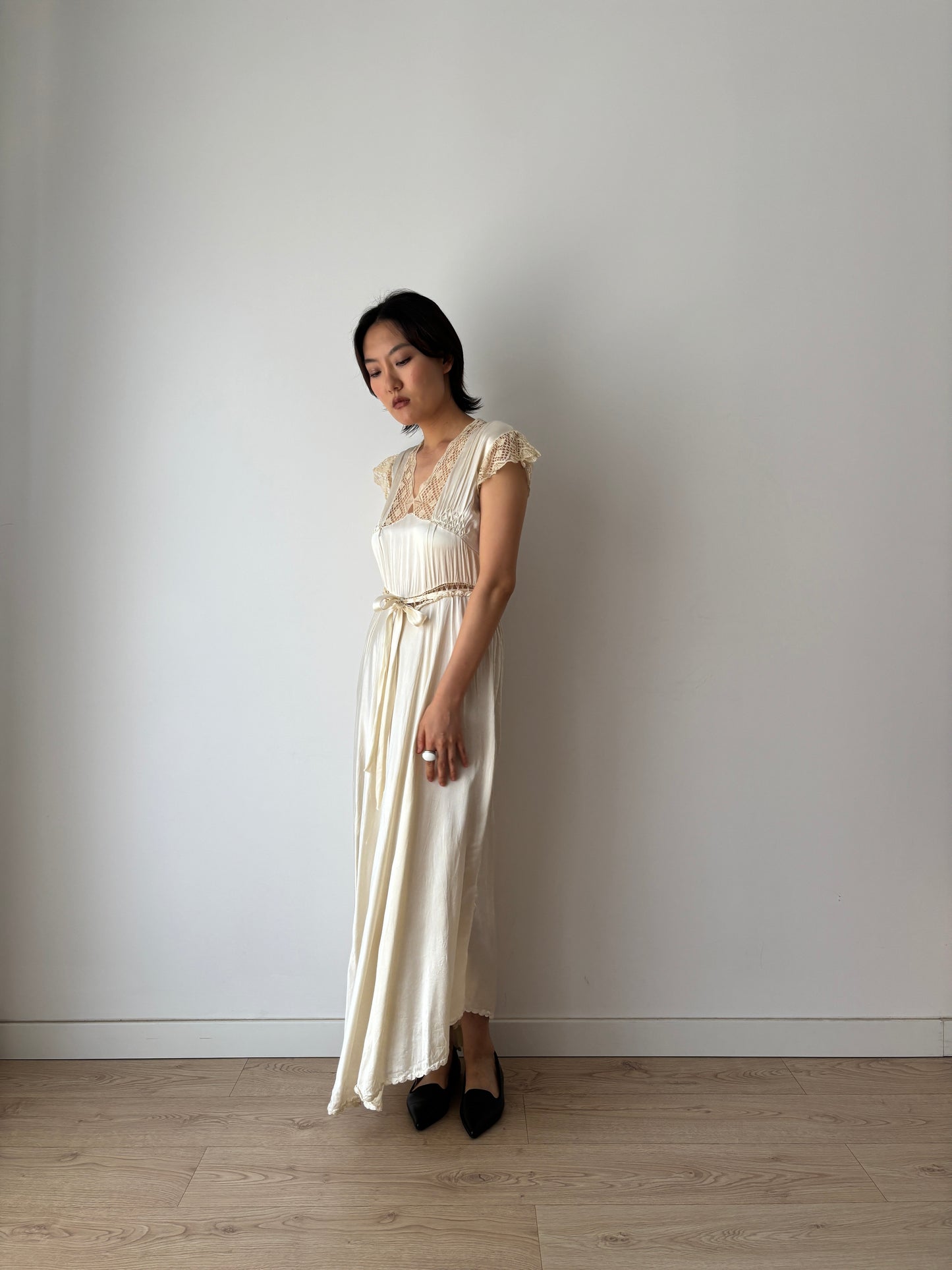 1930s Vintage Silk Satin Lace Wedding Dress, Antique Bias Cut Bridal Slip Gown