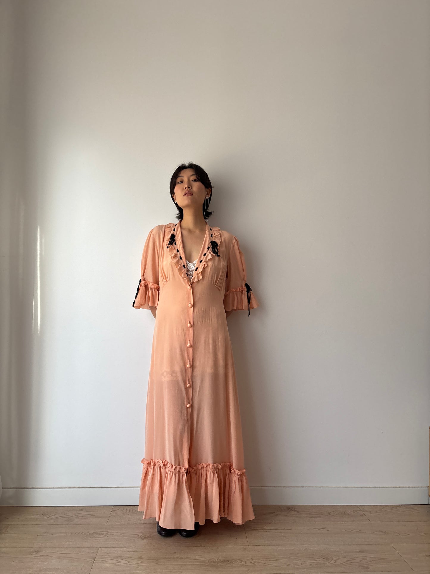 1930s 1940s Antique Pale Pink Pure Silk Bow Lace Ribbon Nightgown Lingerie Dress