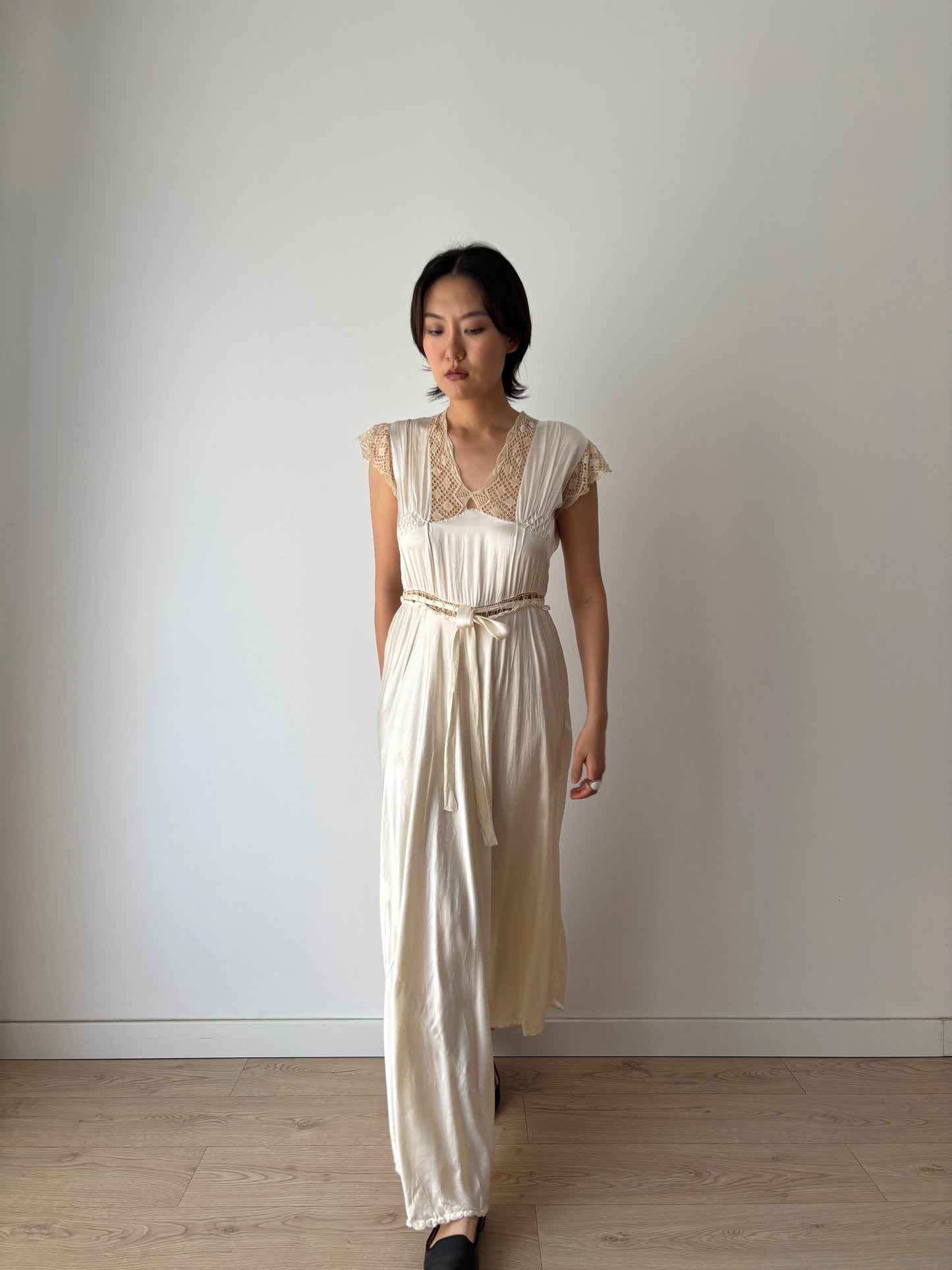 1930s Vintage Silk Satin Lace Wedding Dress, Antique Bias Cut Bridal Slip Gown
