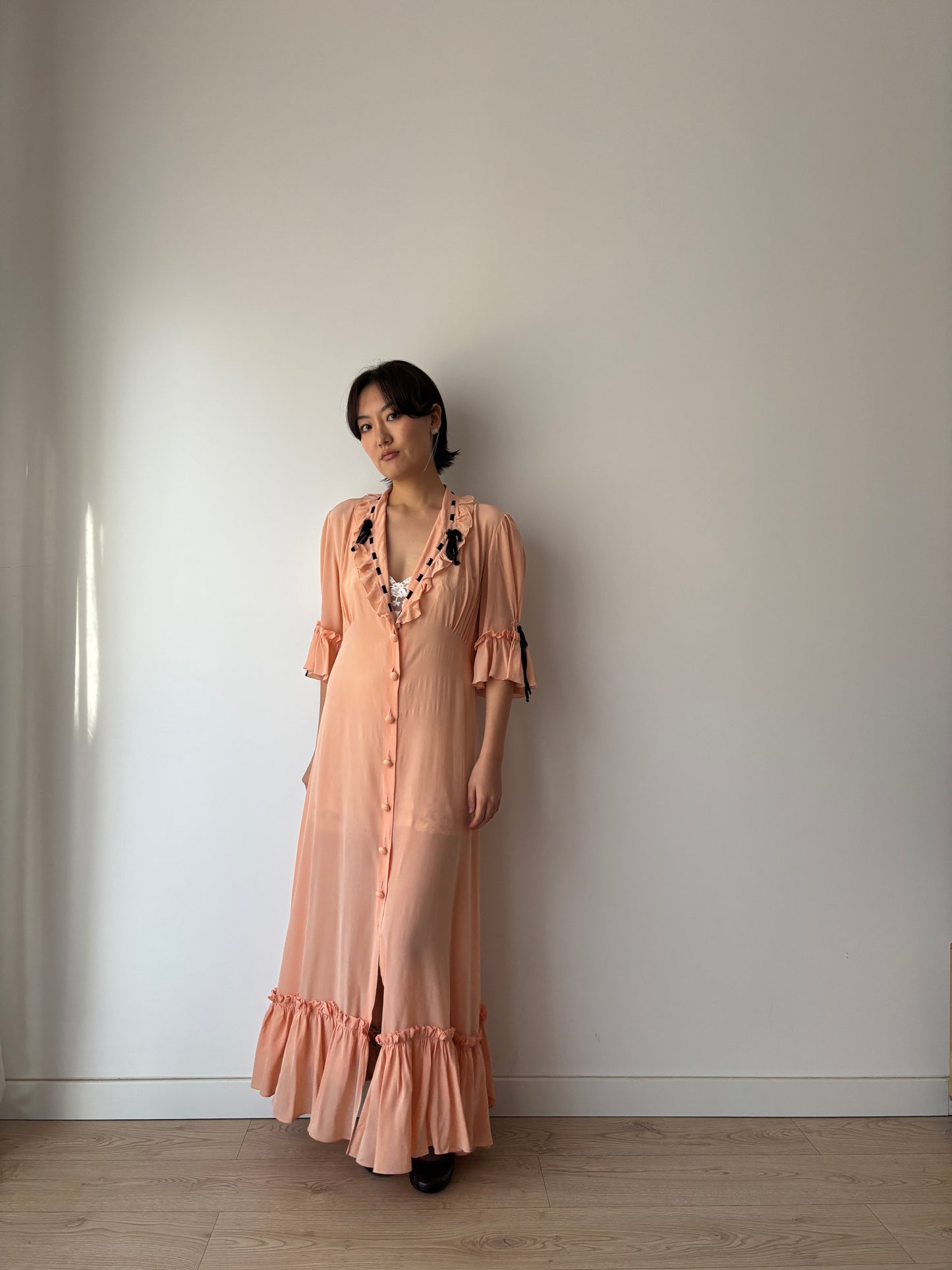 1930s 1940s Antique Pale Pink Pure Silk Bow Lace Ribbon Nightgown Lingerie Dress