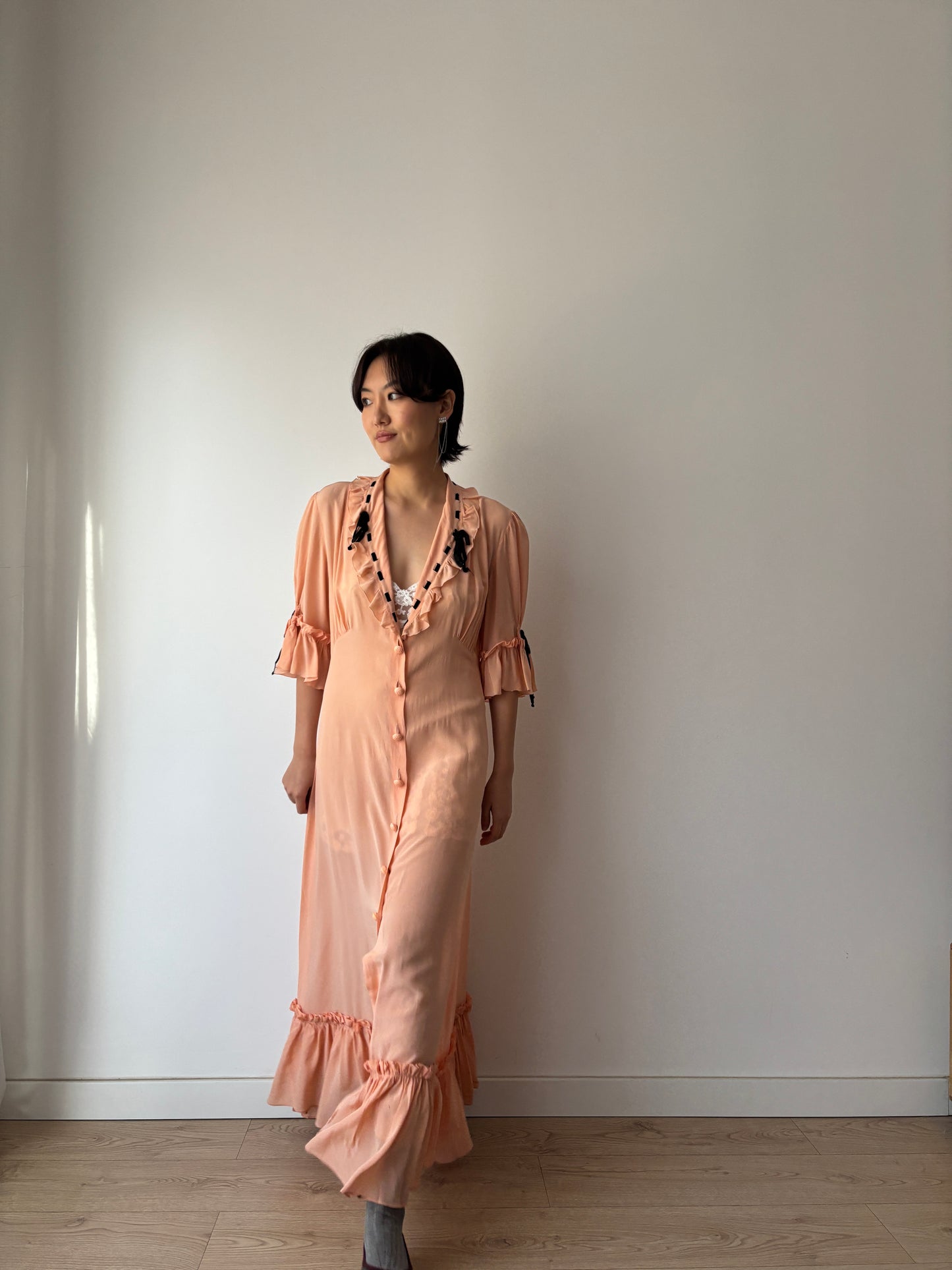 1930s 1940s Antique Pale Pink Pure Silk Bow Lace Ribbon Nightgown Lingerie Dress