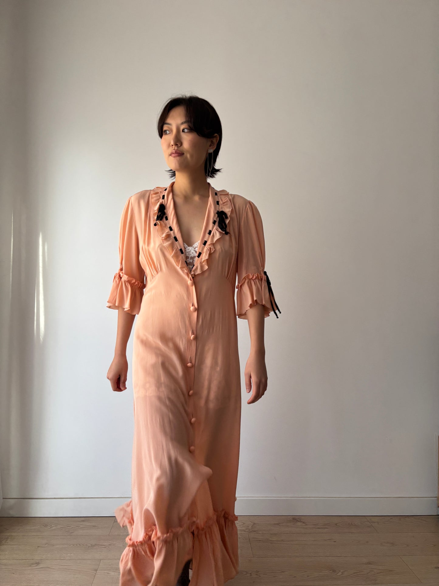 1930s 1940s Antique Pale Pink Pure Silk Bow Lace Ribbon Nightgown Lingerie Dress